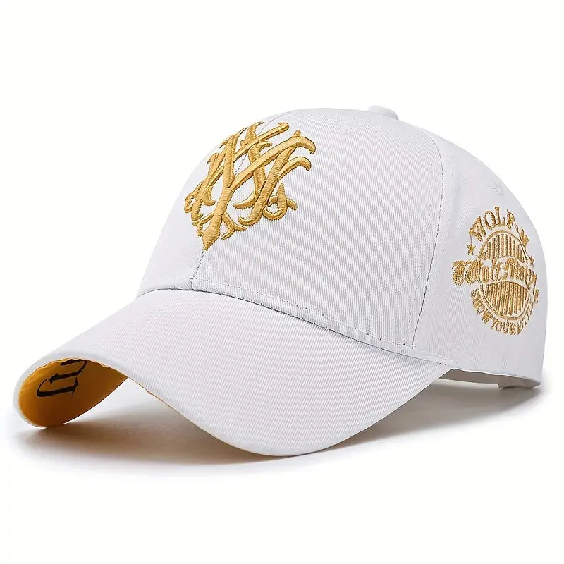 Men's Embroidered Letter Baseball Cap - Adjustable Snapback, Sun Protection, Rayon, Black with Golden Embroidery, Casual Sport Hat for All Seasons