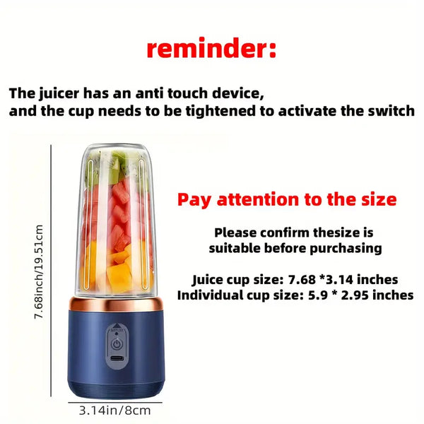 400ml Portable Electric Juicer Blender Cup, Wireless Rechargeable Mini Juice Mixer with 6-Blade Dual Cup for Smoothies, Vegetables, and Fruits, Push Button Control, USB-C Charging, Food-Grade ABS, Non-Heating, 1500mAh Lithium Battery