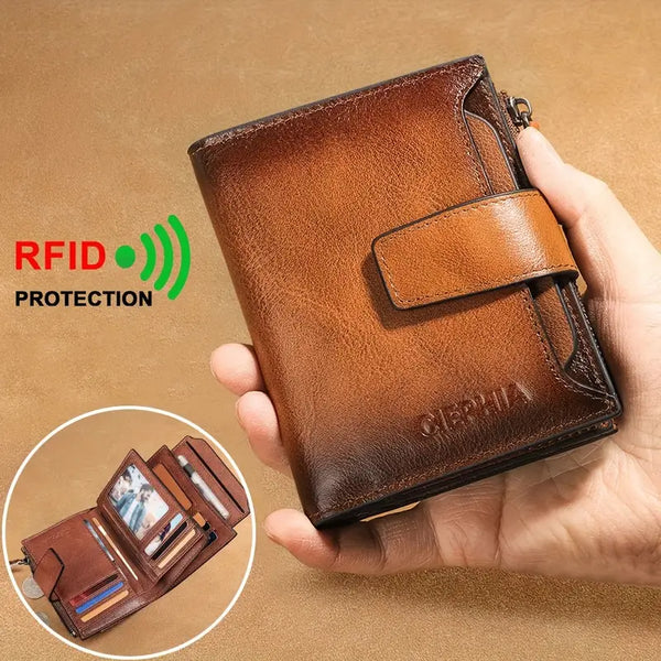 Vintage Leather Men'S Wallet with RFID Blocking Protection, Featuring 12 Card Slots, 2 Large Cash Compartments, 1 Zippered Coin Pocket, And 2 SIM Card Slots, Available in Three Colors: Brown, Black, And Coffee As a Gift