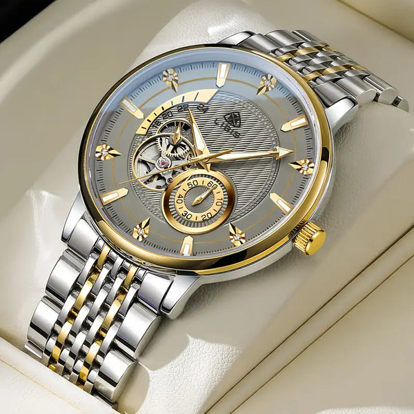 Hollowed-Out Stainless Steel Mechanical Self-Winding Business Watch for Men, Round Dial, Pointer Display, No Battery - Ideal for Valentine'S Day, Christmas,