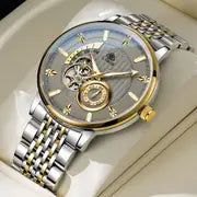Hollowed-Out Stainless Steel Mechanical Self-Winding Business Watch for Men, Round Dial, Pointer Display, No Battery - Ideal for Valentine'S Day, Christmas,
