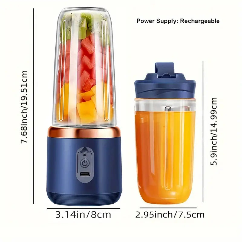 400ml Portable Electric Juicer Blender Cup, Wireless Rechargeable Mini Juice Mixer with 6-Blade Dual Cup for Smoothies, Vegetables, and Fruits, Push Button Control, USB-C Charging, Food-Grade ABS, Non-Heating, 1500mAh Lithium Battery