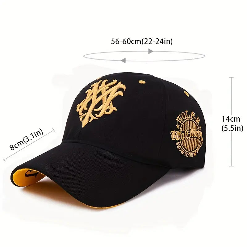 Men's Embroidered Letter Baseball Cap - Adjustable Snapback, Sun Protection, Rayon, Black with Golden Embroidery, Casual Sport Hat for All Seasons