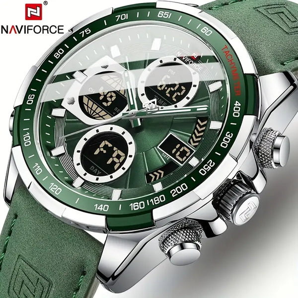 NAVIFORCE Men's Luxury Sports Quartz Watch - Waterproof, Genuine Leather Strap, Dual Display with Date &amp; Chronograph Functions, Case, Green Accents, Luxury