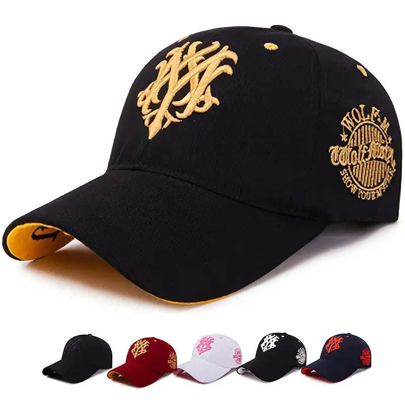 Men's Embroidered Letter Baseball Cap - Adjustable Snapback, Sun Protection, Rayon, Black with Golden Embroidery, Casual Sport Hat for All Seasons