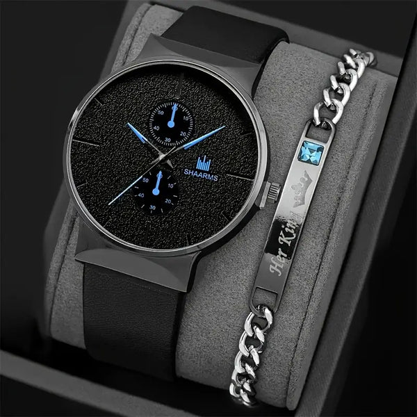 2pcs set, Men's fashionable multi-functional quartz watch and bracelet combination, round dial display, artificial imitation leather strap, alloy case &amp; hands, fashionable casual simple