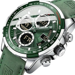 NAVIFORCE Men's Luxury Sports Quartz Watch - Waterproof, Genuine Leather Strap, Dual Display with Date &amp; Chronograph Functions, Case, Green Accents, Luxury