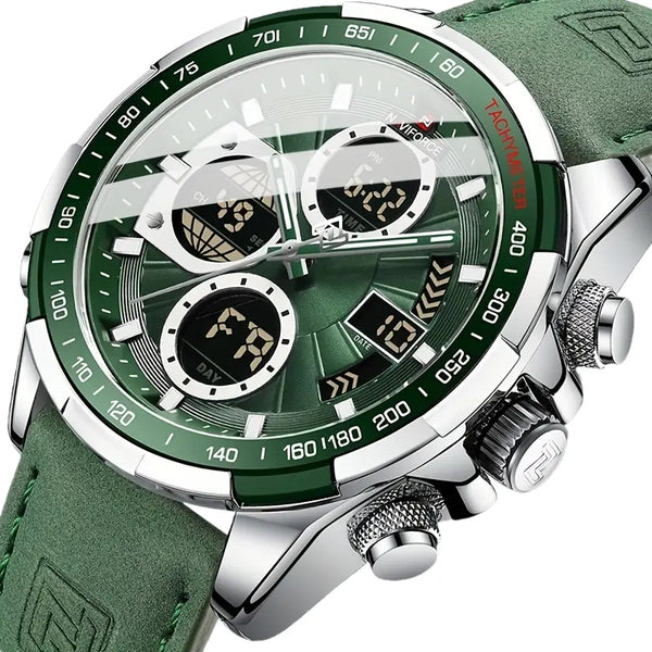 NAVIFORCE Men's Luxury Sports Quartz Watch - Waterproof, Genuine Leather Strap, Dual Display with Date &amp; Chronograph Functions, Case, Green Accents, Luxury